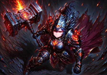 masterpiece, best quality, ultra-detailed, absurdres, 64K, high resolution, concept art, official art, illustration, fantasy illustration, very aesthetic, highly detailed, beyond intricately detailed, stylized, stunning, smooth quality, colorful, digital artwork, abstract, HDR, raytraced lighting, high contrast, dramatic shadows, heavy shadows, depth of field, glowing energy highlights, ornate design, sharp focus, highly detailed face, (full-body:1.4), character-focused scene, strong facial expression, strong colors, realistic metal texture, strong silhouette, BREAK,
(action shot, wide angle, camera from above, full view:1.4),
(1girl, tall athletic build, a forsaken warrior clad in bulky multi-layered Chartreuse armor, her chestplate thick and worn, the Deep Burgundy cloth robe underneath tattered and torn above knees, worn heavy Chartreuse boots covered in thick mud and blood splatters, heavy Chartreuse gauntlets barely reach elbows covered in damage from past battles, eyes glow Deep Burgundy with an eerie dead-light, shoulders are enormous covered in small spikes and layered multiple times with heavy sheet metal, wielding a giant slate gray fantasy battlehammer using both hands, Aggressive stance, dynamic pose, moving to violently attack the intruders of this abandoned dungeon cavern, heavy cinematic lighting),