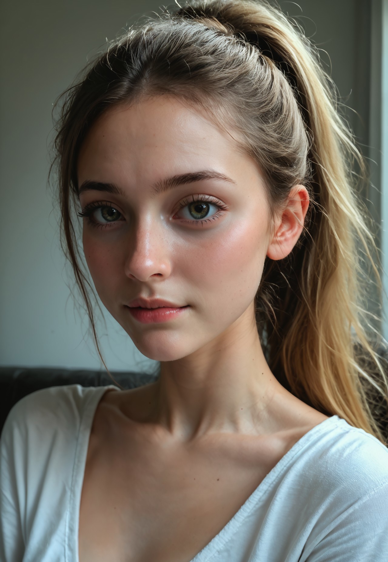 safe_pos, score_9, score_8_up, score_7_up, 1 girl, 18, petite, ((((youthful features, young features)))), blonde hair, ponytail, skinny body, ((high cheek bones, symmetrical face)), slender body, sexy, ((no earrings, no piercings)), cinematic shot, even lighting, 75mm, Technicolor, Panavision, cinemascope, sharp focus, fine details, 8k, HDR, realism, realistic, film still, cinematic color grading, depth of field, beautiful, extremely detailed background, ((face focus, detailed skin)), zPDXL3, real life photo, Photo Real, ((detailed skin))