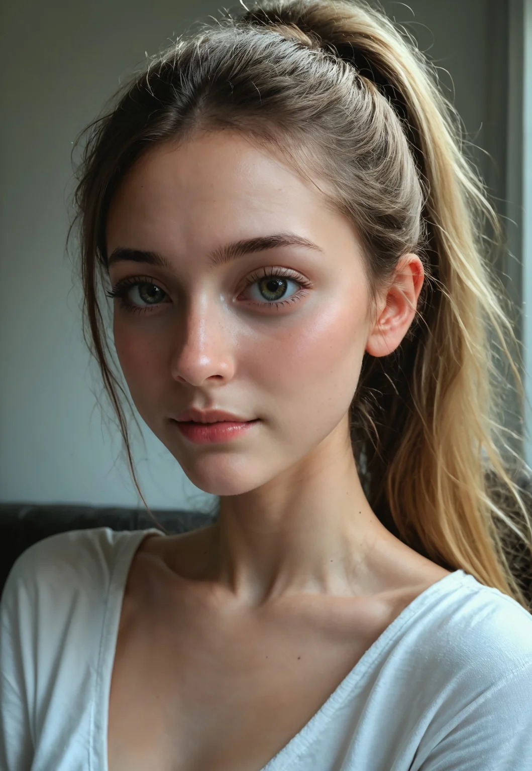 safe_pos, score_9, score_8_up, score_7_up, 1 girl, 18, petite, ((((youthful features, young features)))), blonde hair, ponytail, skinny body, ((high cheek bones, symmetrical face)), slender body, sexy, ((no earrings, no piercings)), cinematic shot, even lighting, 75mm, Technicolor, Panavision, cinemascope, sharp focus, fine details, 8k, HDR, realism, realistic, film still, cinematic color grading, depth of field, beautiful, extremely detailed background, ((face focus, detailed skin)), zPDXL3, real life photo, Photo Real, ((detailed skin))