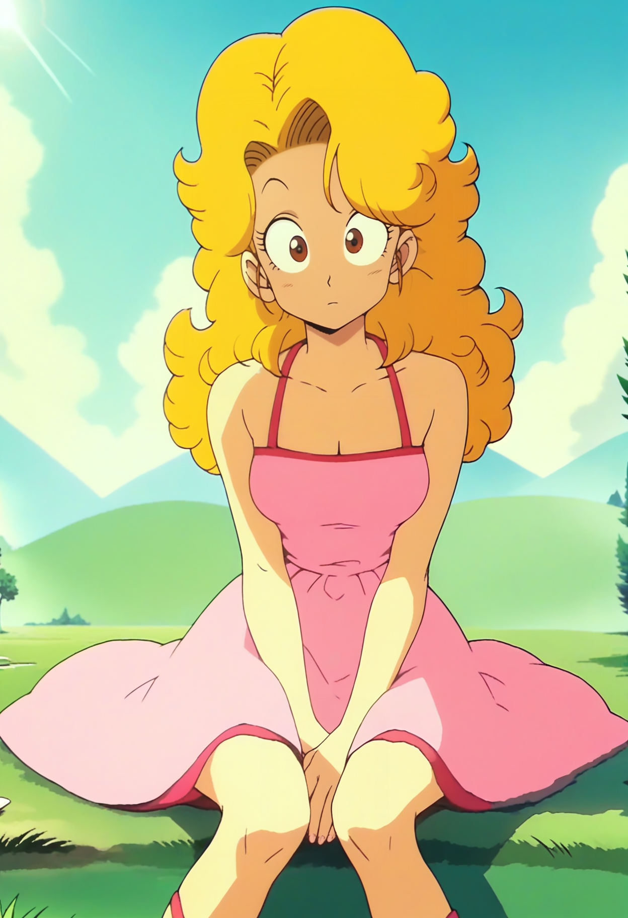 score_9, score_8_up, score_7_up, score_6_up, anime screencap, anime coloring, <lora:DBExtraGirlMidoriN:0.9>, DBExtraGirlMidoriN, blonde hair, brown eyes, long hair, curly hair, medium breasts,
pink dress, cleavage, bare shoulders, sandals,
sitting, looking at viewer, :o
BREAK sunlight, day, blue sky, grass,