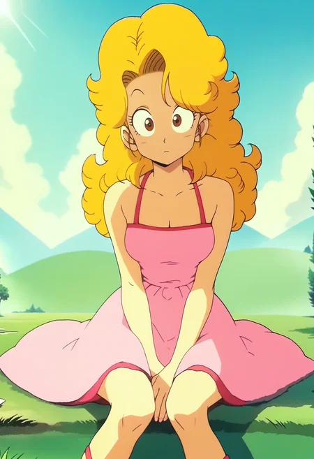 score_9, score_8_up, score_7_up, score_6_up, anime screencap, anime coloring, <lora:DBExtraGirlMidoriN:0.9>, DBExtraGirlMidoriN, blonde hair, brown eyes, long hair, curly hair, medium breasts,
pink dress, cleavage, bare shoulders, sandals,
sitting, looking at viewer, :o
BREAK sunlight, day, blue sky, grass,