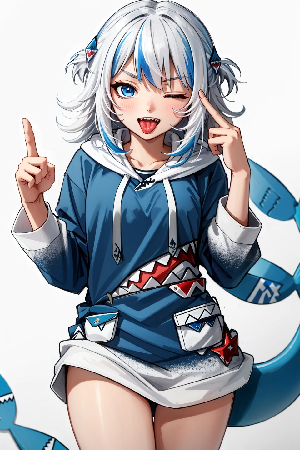 best quality, intricate details,
1girl, white hair, blue eyes, sharp eyes,messy hair, blue highlights, sharp teeth,
blue hoodie, shark teeth design, bare legs, hair ornament, gawr gura, shark girl, shark tail, shark print, blue hoodie, sharp teeth, shark hair ornament, <lora:gawrGuraHololive_v3:0.8> <lora:akanbeFace_akanbev1:0.8> akanbe, finger to eye, one eye closed, tongue out,
