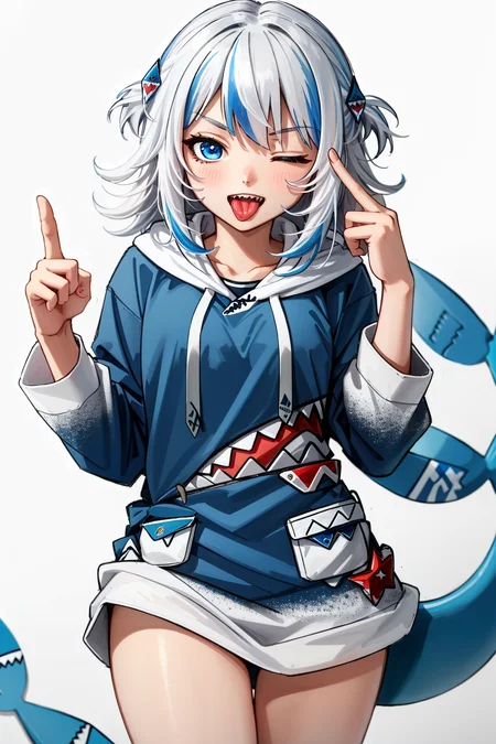 best quality, intricate details, 

1girl, white hair, blue eyes, sharp eyes,messy hair, blue highlights, sharp teeth, 

blue hoodie, shark teeth design, bare legs, hair ornament, gawr gura, shark girl, shark tail, shark print, blue hoodie, sharp teeth, shark hair ornament,  <lora:gawrGuraHololive_v3:0.8>  <lora:akanbeFace_akanbev1:0.8> akanbe, finger to eye, one eye closed, tongue out,