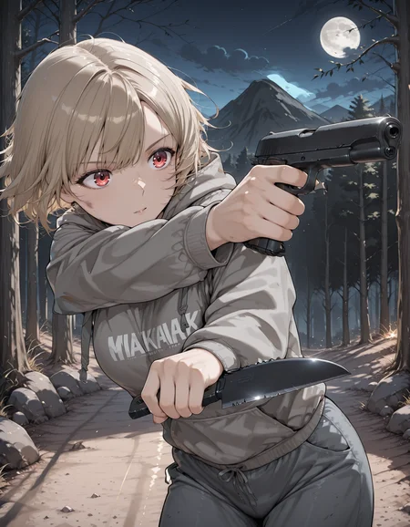 1girl, casual hoodie, <lora:pistol_x_tac_knife_v1.0-000010:1> pistol_x_tac_knife, holding pistol and knife, finger on trigger, aiming, knife,  <lora:m1911a1:0.7> m199a1, dynamic pose, outdoors, night, moon, forest, mountain