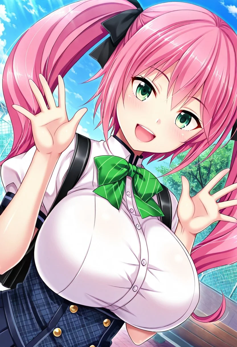 general,highres, ultra-detailed,very aesthetic,best quality ,best hands,best eyes,easynegative,
dynamic anglre, dutch angle, anime cloring,anime screencap,
1girl solo,looking at viewer,school, outdoors, smile, open mouth, waving hand, 
Riko Nikozaki,pink hair, twintails, hair ribbon, black ribbon, green eyes, huge_breasts,school uniform,