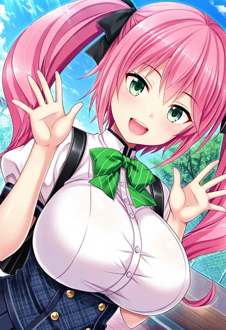 general,highres, ultra-detailed,very aesthetic,best quality ,best hands,best eyes,easynegative,
dynamic anglre, dutch angle, anime cloring,anime screencap,
1girl solo,looking at viewer,school, outdoors, smile, open mouth, waving hand, 
Riko Nikozaki,pink hair, twintails, hair ribbon, black ribbon, green eyes, huge_breasts,school uniform,