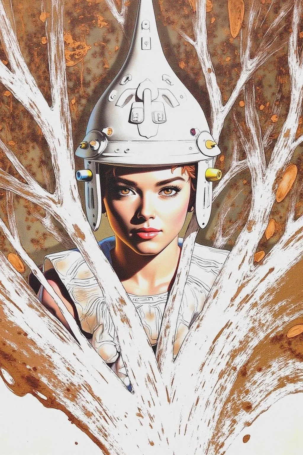 chenu1 illustration. 
This image is a digital illustration with a surreal, fantastical style, blending elements of surrealism and fantasy. The central figure is a person with short, spiky brown hair and piercing eyes, wearing a white, futuristic-looking helmet or mask with a stylized design, suggesting a blend of ancient and modern elements. The figure is positioned in the center, with a dramatic, intense expression. <lora:chenu2_poster_cap_d6a3:1.0><lora:822573678706547356:0>