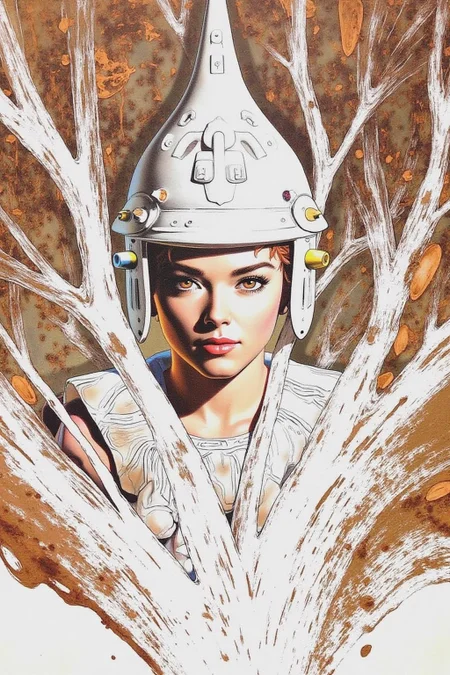 chenu1 illustration.
This image is a digital illustration with a surreal, fantastical style, blending elements of surrealism and fantasy. The central figure is a person with short, spiky brown hair and piercing eyes, wearing a white, futuristic-looking helmet or mask with a stylized design, suggesting a blend of ancient and modern elements. The figure is positioned in the center, with a dramatic, intense expression. <lora:chenu2_poster_cap_d6a3:1.0><lora:822573678706547356:0>