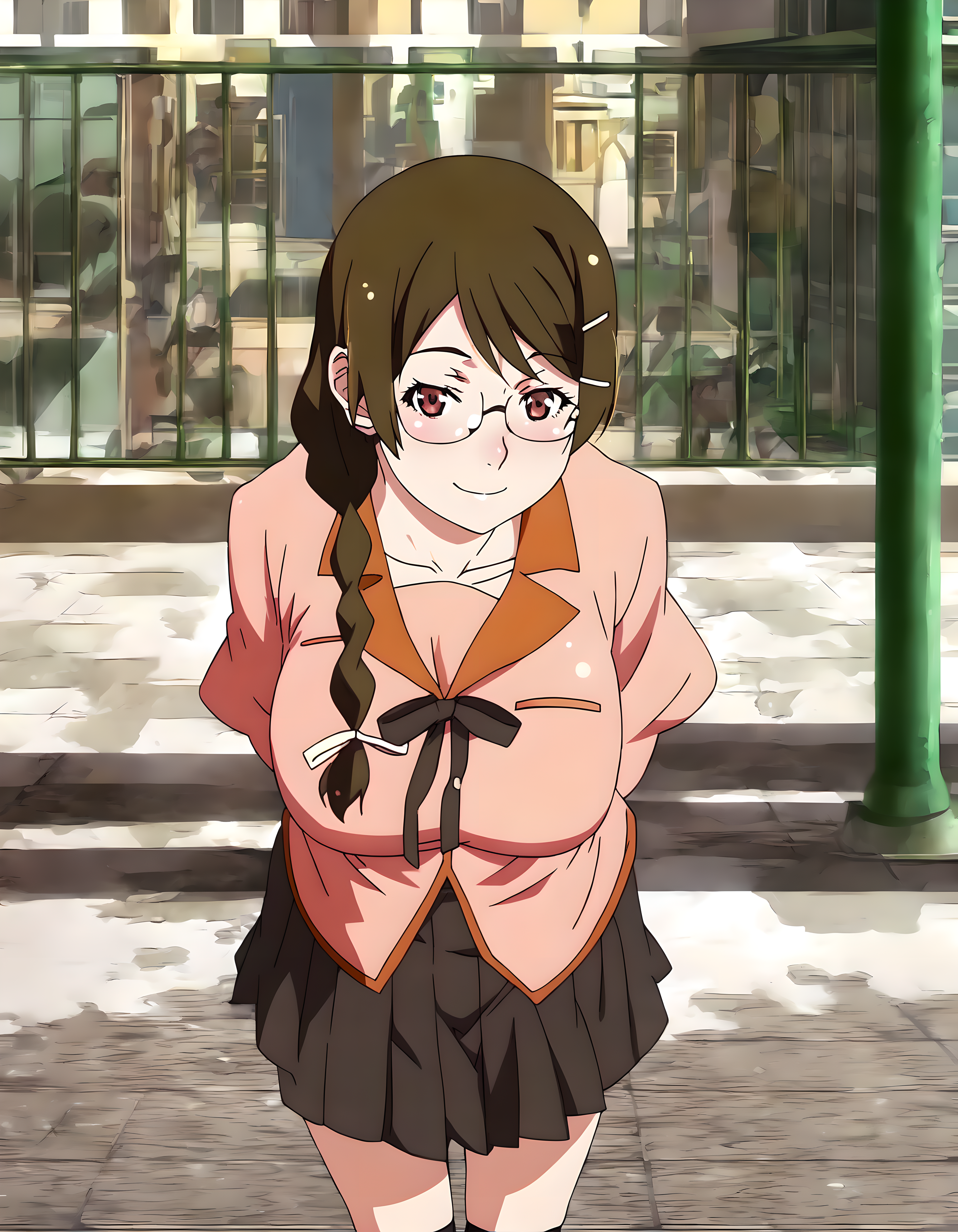 <lora:pony_xl_hanekawa>,hanekawa,score_9,source_anime,best quality,masterpiece,super fine illustration,1girl,solo,looking_at_viewer,cowboy_shot,ribbon,naoetsu_high_school_uniform,school uniform,long sleeves,puffy long sleeves,pink shirt,black skirt,juliet skirt,pleated skirt,kneehighs,black socks,collarbone,smile,(ã»Ïã»),leaning_forward,city,cityscape,street,signal,crosswalk,