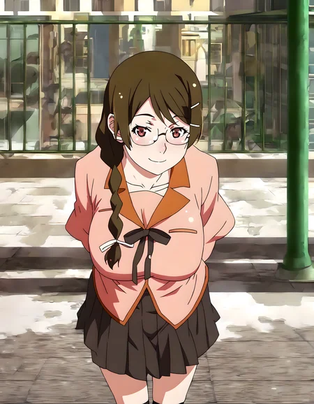 <lora:pony_xl_hanekawa>,hanekawa,score_9,source_anime,best quality,masterpiece,super fine illustration,1girl,solo,looking_at_viewer,cowboy_shot,ribbon,naoetsu_high_school_uniform,school uniform,long sleeves,puffy long sleeves,pink shirt,black skirt,juliet skirt,pleated skirt,kneehighs,black socks,collarbone,smile,(ã»Ïã»),leaning_forward,city,cityscape,street,signal,crosswalk,