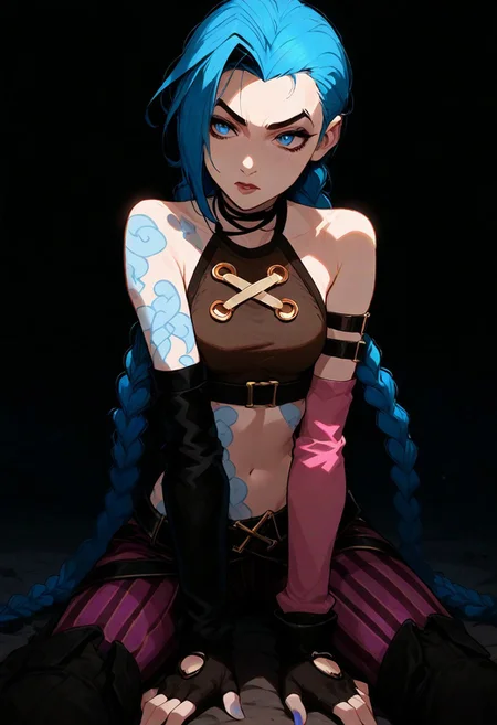 1girl, jinx ,  solo, dark,  masterpiece, best quality, very aesthetic,    1girl, blue hair, jinx outfit, two braids, striped pants, pants, brown crop top, gloves, blue and pink nails, black belt, black boots, necklace, twins braids, bare shoulder, fingerless gloves, single elbow glove, tattoo, arcane art style, long hair, black eyeliner, black eyebrow, long hair, striped pants, solo, braid, crop top, very long hair, blue hair, asymmetrical braids, striped, arm tattoo