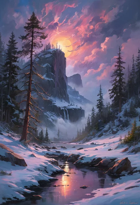 Under the eerie glow of a full moon,a dark and ominous landscape unfolds. A vibrant, colorful pine stands by the edge of a serene lake,its vivid hues contrasting starkly with the foreboding atmosphere. In the background,a waterfall cascades down jagged rocks,the water glistening in the moonlight. Thick,swirling clouds loom overhead,adding to the sense of an evil presence. winter landscape, aurora borealis, northern lights, The moonlight filters through the clouds,casting an otherworldly glow over the scene. The air is thick with mysticism,as if the very night holds ancient secrets and dark magic.  [romantic impressionism,dream scenery art,beautiful oil matte painting,romantic,style of thomas kinkade,beautiful digital painting,anime landscape,romantic painting,dreamlike digital painting,colorful painting,beautiful gorgeous digital art,style of greg rutkowski,janek sedlar,jenny saville:0]