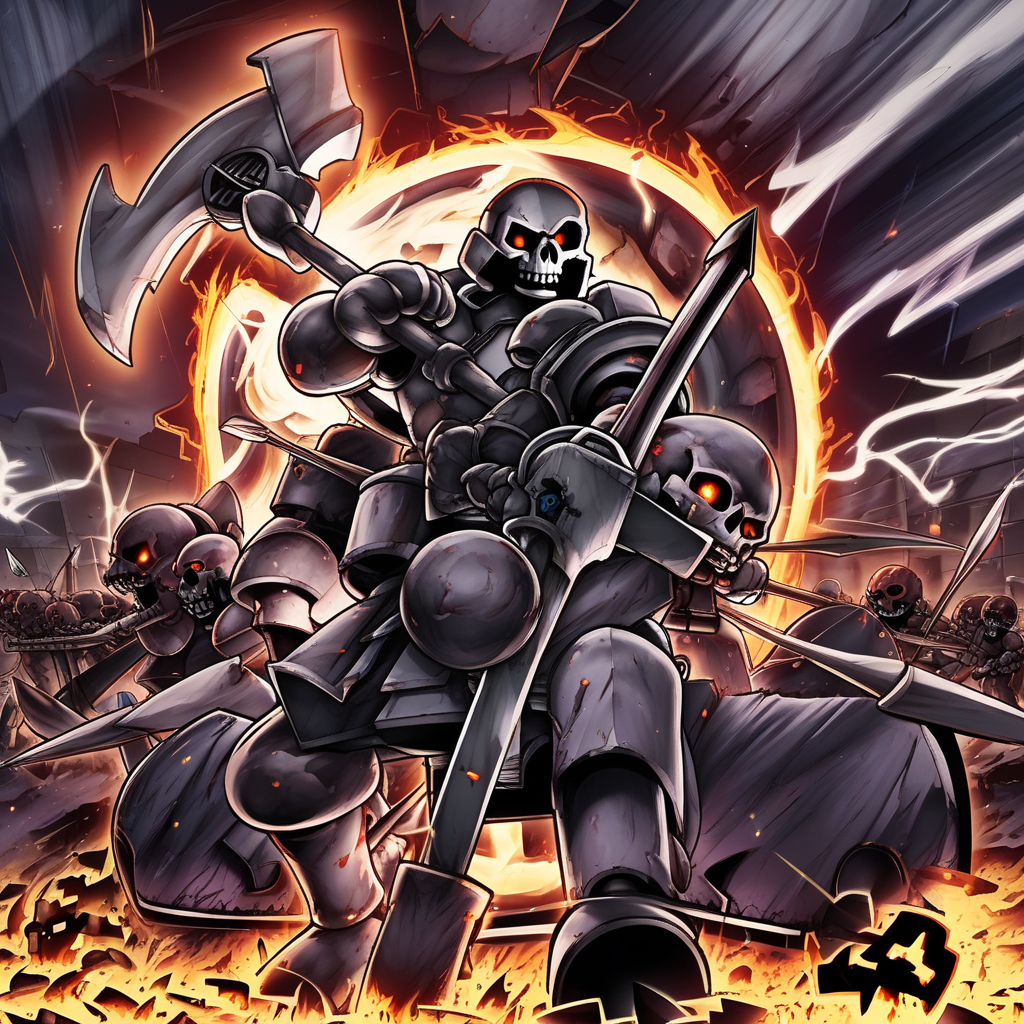 arrows, glowing eyes, shatter ground, fire, ancientgear, bow (weapon), skull, factory, sun, soldier, clean metal plate armor, gear mouth, magic, holding axe, vehicle focus, fragments, glow weak, bomb, pokemon (creature), multiple head, sparks