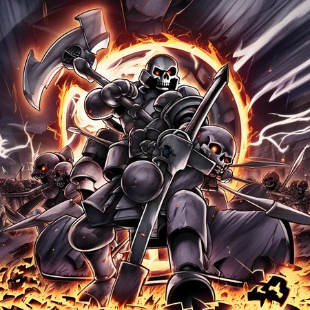 arrows, glowing eyes, shatter ground, fire, ancientgear, bow (weapon), skull, factory, sun, soldier, clean metal plate armor, gear mouth, magic, holding axe, vehicle focus, fragments, glow weak, bomb, pokemon (creature), multiple head, sparks