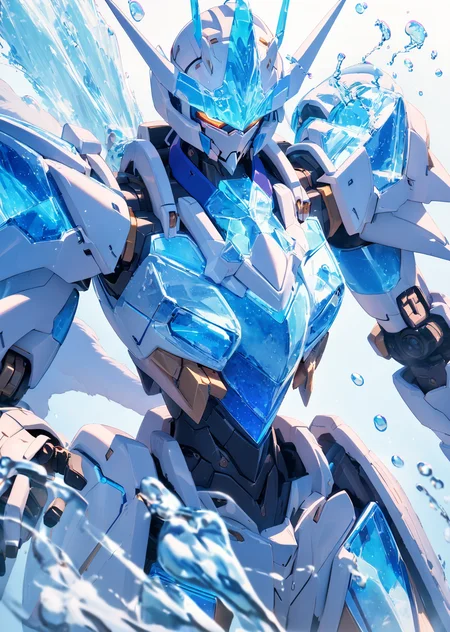 masterpiece, best quality, very aesthetic, absurdres  
recent cinematic lighting minimal clean mecha robot
 transparent  armor, water
ice cold freezing 
wind
snow