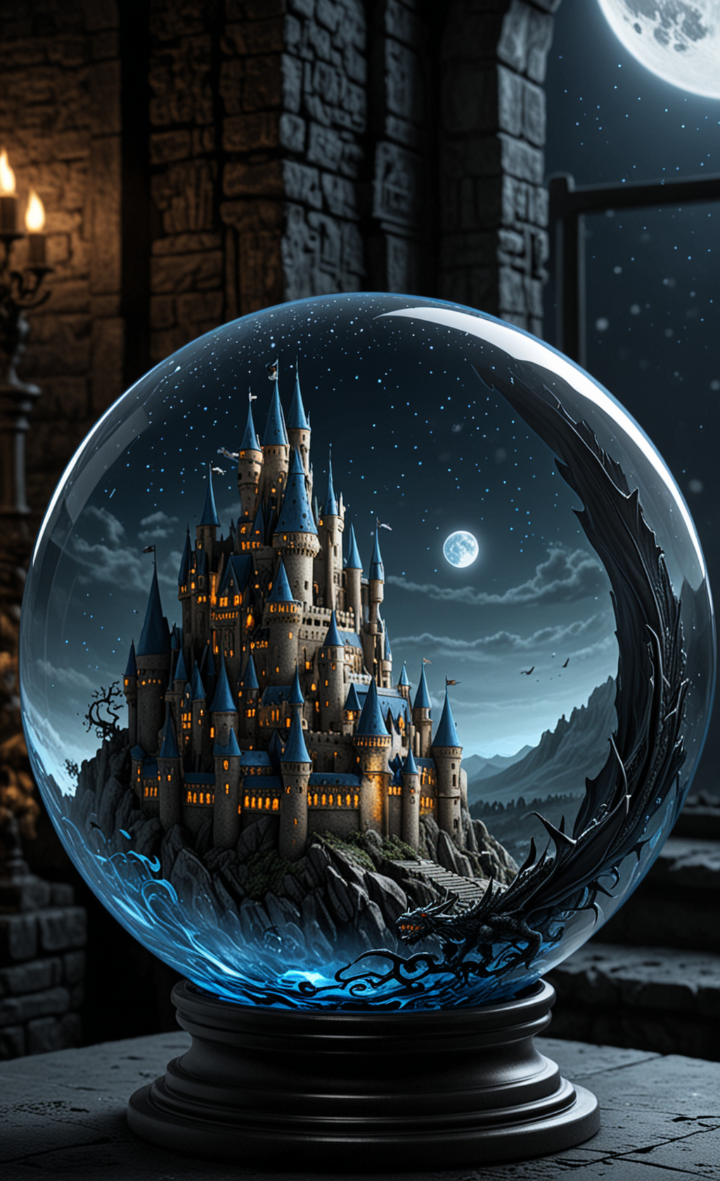 A  glass sphere sculpture, concealed inside the sphere is a Dragon flying over a castle, Fantasy, in the dark, detailed image, 8k high quality detailed, the moon, shaped sphere, amazing wallpaper, digital painting highly detailed, 8k UHD detailed oil painting, beautiful art UHD, focus on full glass sphere, bokeh,  background Modifiers: extremely detailed Award winning photography, fantasy studio lighting, photorealistic very attractive beautiful imperial colours ultra detailed 3D, (Extremely Intricate), UHD,  <lora:Black__White_One_Accent_Color_-_By_Dice:1>, (Black and white image, Blue Accent)
