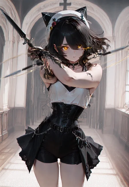 masterpiece, newest, absurdres, best quality, amazing quality, very aesthetic, ultra-detailed, highly detailed, BREAK 1girl, solo, asian, ku-mi, black hair, pointy ears, forearm tattoo, dark brown eyes, small breasts, black hair, choker, medium hair,Gothic style, white hoodie, inverted cross, lace high collar, black corset vest, black fishbone skirt, black shorts, black Mary Jane shoes, cross necklace, black bell-shaped hat, rose brooch, belt, sleeves with black cross pattern, BREAK depth of field, ambient occlusion, (diffuse glow:0.2), cinematic lighting, detailed background, close-up, indoor, interior, room,  dagger_cloud_(magic), floating dagger, spinning wind, magic dagger, dynamic pose, many dagger, magic, glowing, spinning dagger, cowboy shot, hair over one eye, black background, looking at viewer, collarbone, bare shoulders, bare thighs, black glowing eyes, gew, eye trail,GF-Illu, holding dagger, detailed arms, detailed hands, 