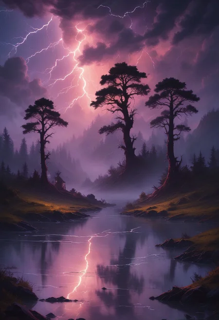 In a breathtaking and otherworldly scene, a mystical landscape is dramatically illuminated by a fierce, electric storm. A rolling meadow, bathed in twilight, stretches beneath a tempestuous sky where jagged bolts of lightning crackle and splay across the darkening canvas. The lightning, vivid and pulsating with electric blues and radiant purples, casts dramatic shadows and highlights across the whimsical terrain. Enchanted trees, with their swirling, luminescent branches, seem to dance in response to the storm’s fury, their foliage shimmering with iridescent colors that mirror the lightning’s intensity. A serene river, previously tranquil, now ripples with kinetic energy as the lightning’s reflection distorts its surface, creating a shimmering tapestry of light and shadow. Fantastical creatures, caught in the storm’s electrifying glow, appear to both shimmer and dissolve into the landscape, their forms momentarily illuminated by each flash. The artwork merges the serene beauty of a dreamlike world with the raw power of nature, capturing a moment of awe-inspiring contrast where peace and chaos coexist in a mesmerizing visual symphony.