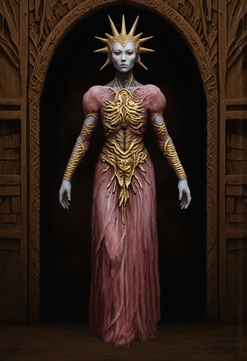 b3rs3rk macro lens d4concept pov, 3D01S, simple background d4artstyle atmospheric and powerful MikeFranchinastyle dark fantasy, natural organic and first person pov of a berserk style creature in the Tsutomu Nihei style 
Regal alien empress, full body portrait, standing in ornate wooden doorway. Pale gray skin, stern expression, red eyes. Golden spiked crown radiating from head like sun rays. Elaborate costume: dusty rose puffy sleeves, intricate golden chest piece with organic patterns. Visible ribcage and abdominal muscles, giving biomechanical appearance. Lower body draped in flowing rose-colored fabric with golden ornamental belt. Forearms wrapped in golden, spiraling bracers. Hands at sides, long fingers. Setting: dark interior with wooden bookshelves visible in background. Framed by carved wooden archway with intricate designs. Color palette: dusty rose, pale gray, rich gold against dark brown background. Photorealistic rendering with surreal elements. Lighting: soft, dramatic from front, emphasizing texture and form. Cinematic composition, straight-on view, symmetrical framing. Style blend: high fantasy meets biomechanical horror. Texture detail: polished metal, soft fabric, intricate carvings, alien skin. Atmosphere: regal, otherworldly, slightly menacing
UHD letterboxed game trailer frame chromatic aberration dark atmosphere sharp masterpiece with a focus on the character, elden ring style, dark atmosphere,