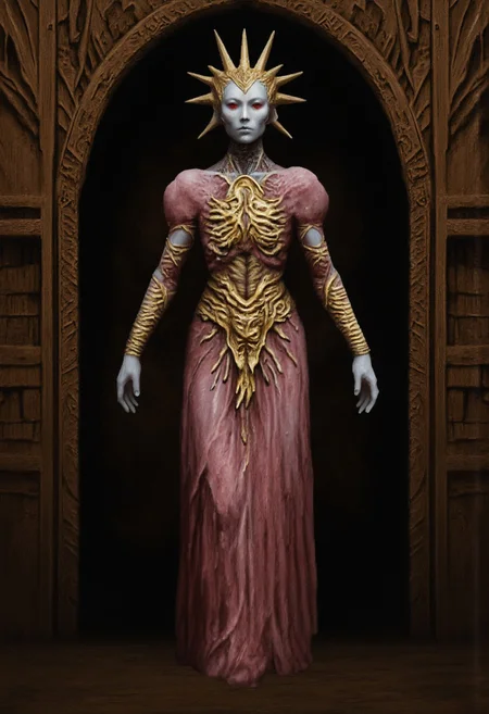 b3rs3rk macro lens d4concept pov, 3D01S, simple background d4artstyle atmospheric and powerful MikeFranchinastyle dark fantasy, natural organic and first person pov of a berserk style creature in the Tsutomu Nihei style
Regal alien empress, full body portrait, standing in ornate wooden doorway. Pale gray skin, stern expression, red eyes. Golden spiked crown radiating from head like sun rays. Elaborate costume: dusty rose puffy sleeves, intricate golden chest piece with organic patterns. Visible ribcage and abdominal muscles, giving biomechanical appearance. Lower body draped in flowing rose-colored fabric with golden ornamental belt. Forearms wrapped in golden, spiraling bracers. Hands at sides, long fingers. Setting: dark interior with wooden bookshelves visible in background. Framed by carved wooden archway with intricate designs. Color palette: dusty rose, pale gray, rich gold against dark brown background. Photorealistic rendering with surreal elements. Lighting: soft, dramatic from front, emphasizing texture and form. Cinematic composition, straight-on view, symmetrical framing. Style blend: high fantasy meets biomechanical horror. Texture detail: polished metal, soft fabric, intricate carvings, alien skin. Atmosphere: regal, otherworldly, slightly menacing
UHD letterboxed game trailer frame chromatic aberration dark atmosphere sharp masterpiece with a focus on the character, elden ring style, dark atmosphere,
