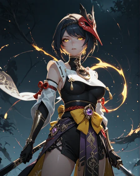 <lora:TCD:1>
<lora:xl_more_art-full_v1:0.4>
<lora:aidmaMJ6.1_v0.5_IL:0.8> aidmaMJ6.1
(masterpiece, best quality), amazing quality, very aesthetic, absurdres, highres, newest, HDR, 8K, high detail
kujou_sara, genshin_impact, 1girl, yellow_eyes, black_hair
dynamic pose, dramatic light, cowboy shot
A shadowy trail winding through dense, gnarled trees with glowing eyes peering from the darkness.
<lora:NSFWFilter_illusXL_Incrs_v1:-1>
<lora:ck-yoneyama-mai-IL:0.85> ckym, in the style of ckym,