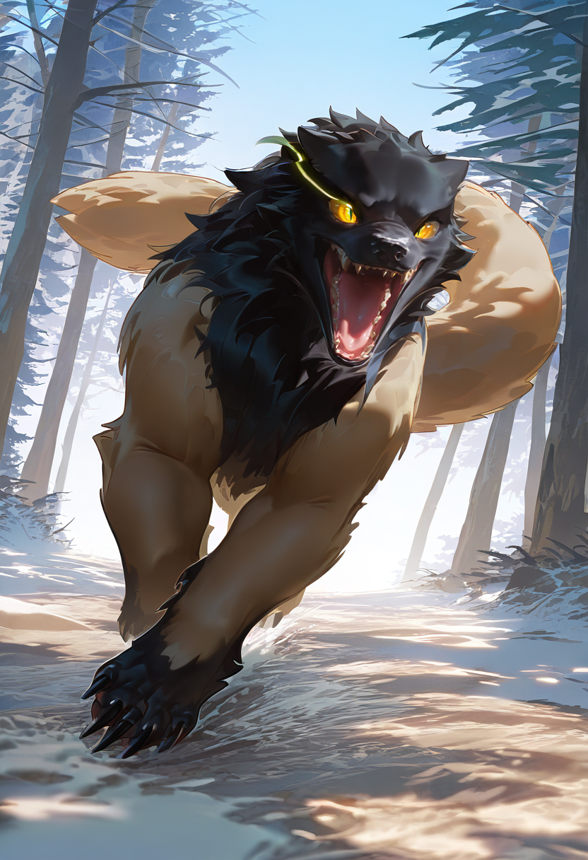 <lora:MH_Wulg_a1_3_NoobXL-eps_spnlora1_th-0.7>,<lora:nyalia>,nyalia,masterpiece,best quality,high quality,shaded,amazing quality,very aesthetic,absurdres,newest,cinematic lighting,digital media \(artwork\),depth of field,mhwlg,solo,feral,detailed background,forest,sky,yellow eyes,slit pupils,three-quarter view,action pose,dynamic pose,dutch angle,eye trail,snow,open mouth,dewclaw,
