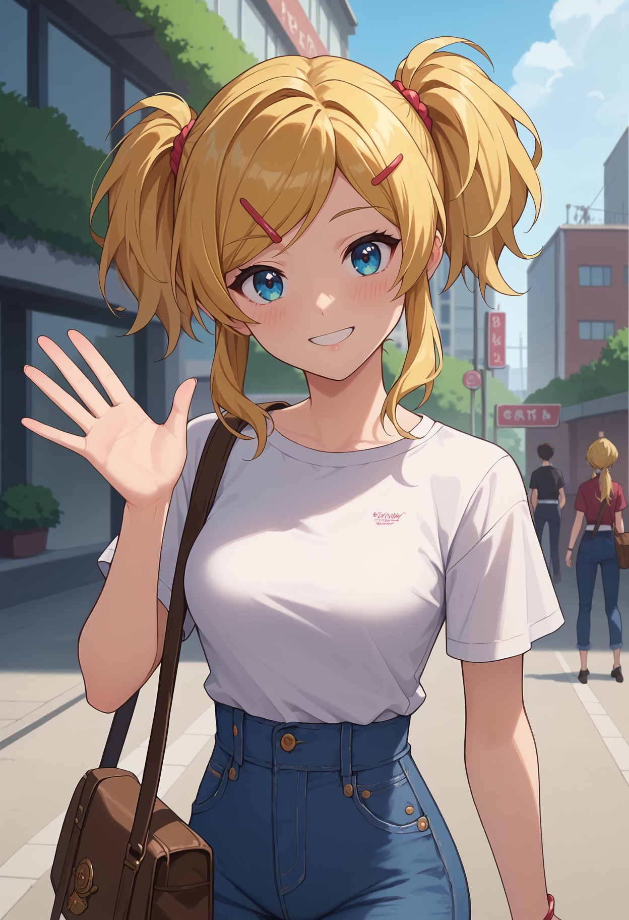 score_9, score_8_up, score_7_up, anime screencap, source_anime, 1girl, solo,
<lora:Rika_Inoue_Seraph_of_the_End_V1:.85>, KJOrika, blonde hair, twintails, blue eyes, swept bangs, hairclip, 
high waist jeans, t-shirt, brown bag, ponytail,
smile, waving, head tilt, blush, looking at viewer,
city, street,
(Beautiful, medium Breasts:1.2),