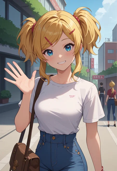 score_9, score_8_up, score_7_up, anime screencap, source_anime, 1girl, solo,
<lora:Rika_Inoue_Seraph_of_the_End_V1:.85>, KJOrika, blonde hair, twintails, blue eyes, swept bangs, hairclip, 
high waist jeans, t-shirt, brown bag, ponytail,
smile, waving, head tilt, blush, looking at viewer,
city, street,
(Beautiful, medium Breasts:1.2),