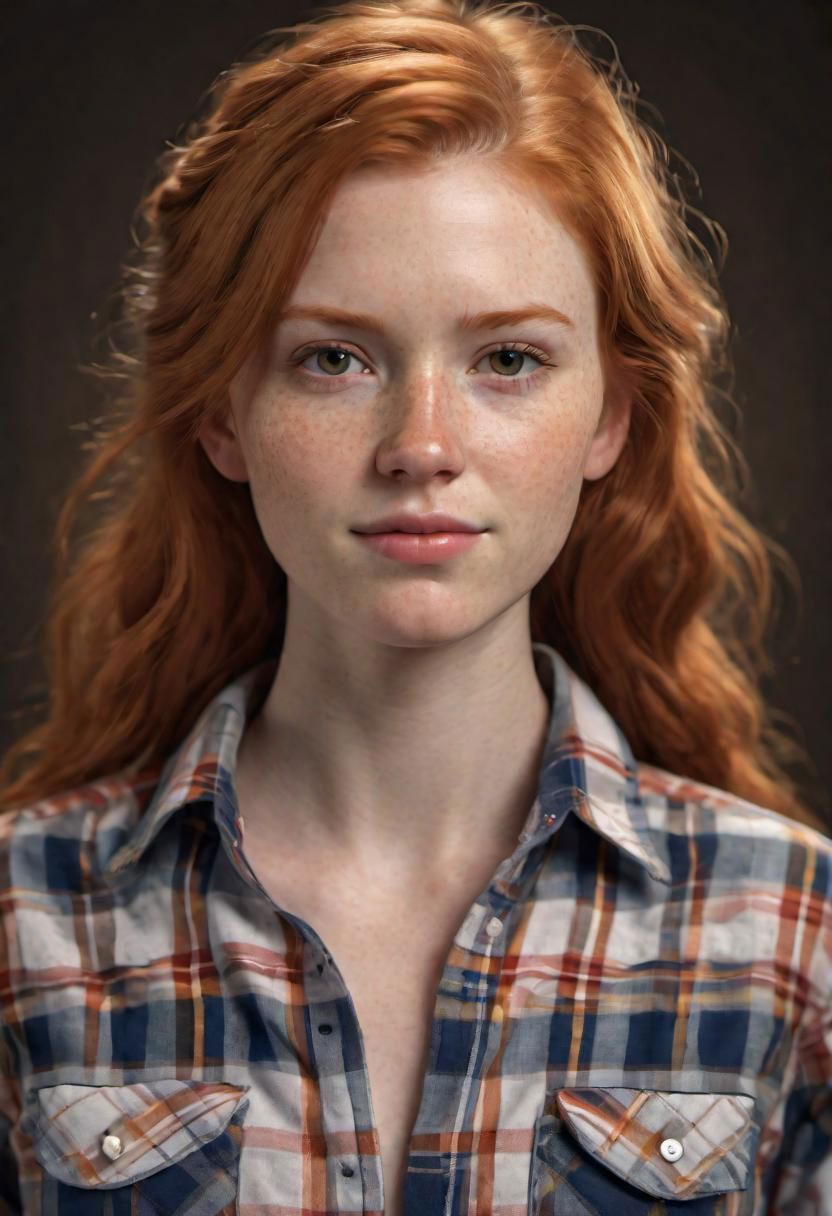 Cute Texas ginger country girl wearing a plaid shirt, 
photorealistic, 8k, high resolution, high detail