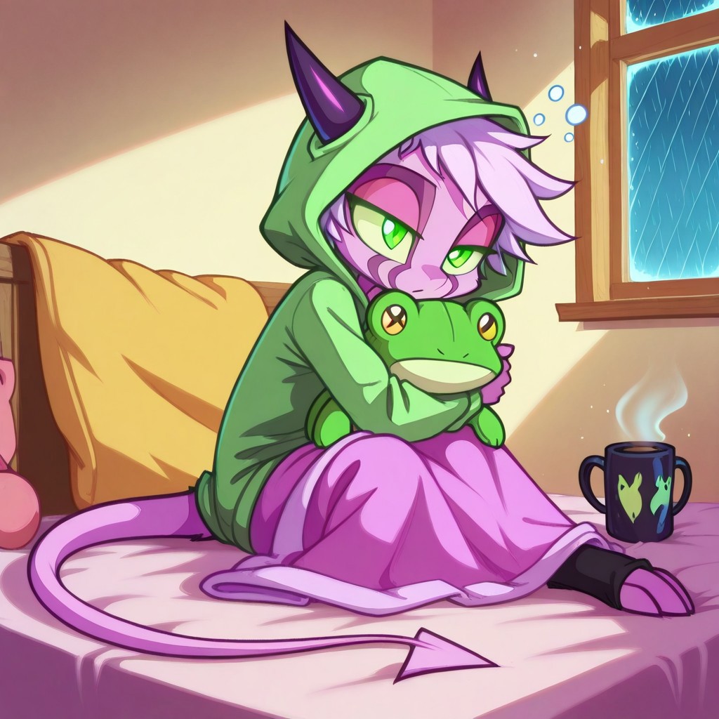 Dreamkeepers,1girl,Prelude_Namah,solo,furry,demon tail,source_furry, green eyes,horns, 
child, kid,
oversized_hoodie, frog_hood, hugging_plushie, blanket_nest, rain_window, mug_of_hot_chocolate, socks_pulled_up, sleepy_expression
