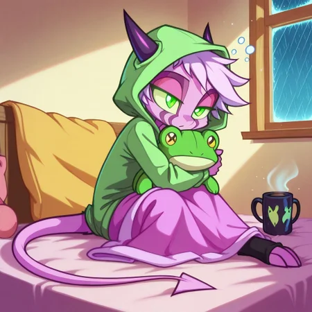 Dreamkeepers,1girl,Prelude_Namah,solo,furry,demon tail,source_furry, green eyes,horns,
child, kid,
oversized_hoodie, frog_hood, hugging_plushie, blanket_nest, rain_window, mug_of_hot_chocolate, socks_pulled_up, sleepy_expression