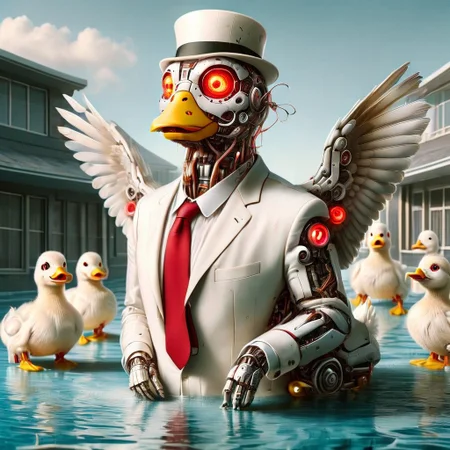 Duck cyborg, red feather wings,DuckiferXL, ais-rbts, green head, happy, cute