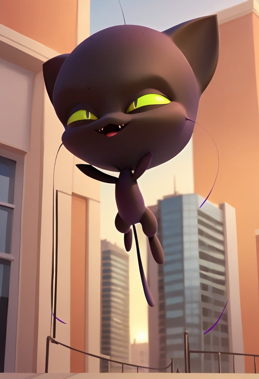 BREAK score_9, score_8_up, score_7_up, source_anime, plagg_kwami, black cat, black fur, green sclera, three blue whiskers, slit iris, (city ​​in the background),