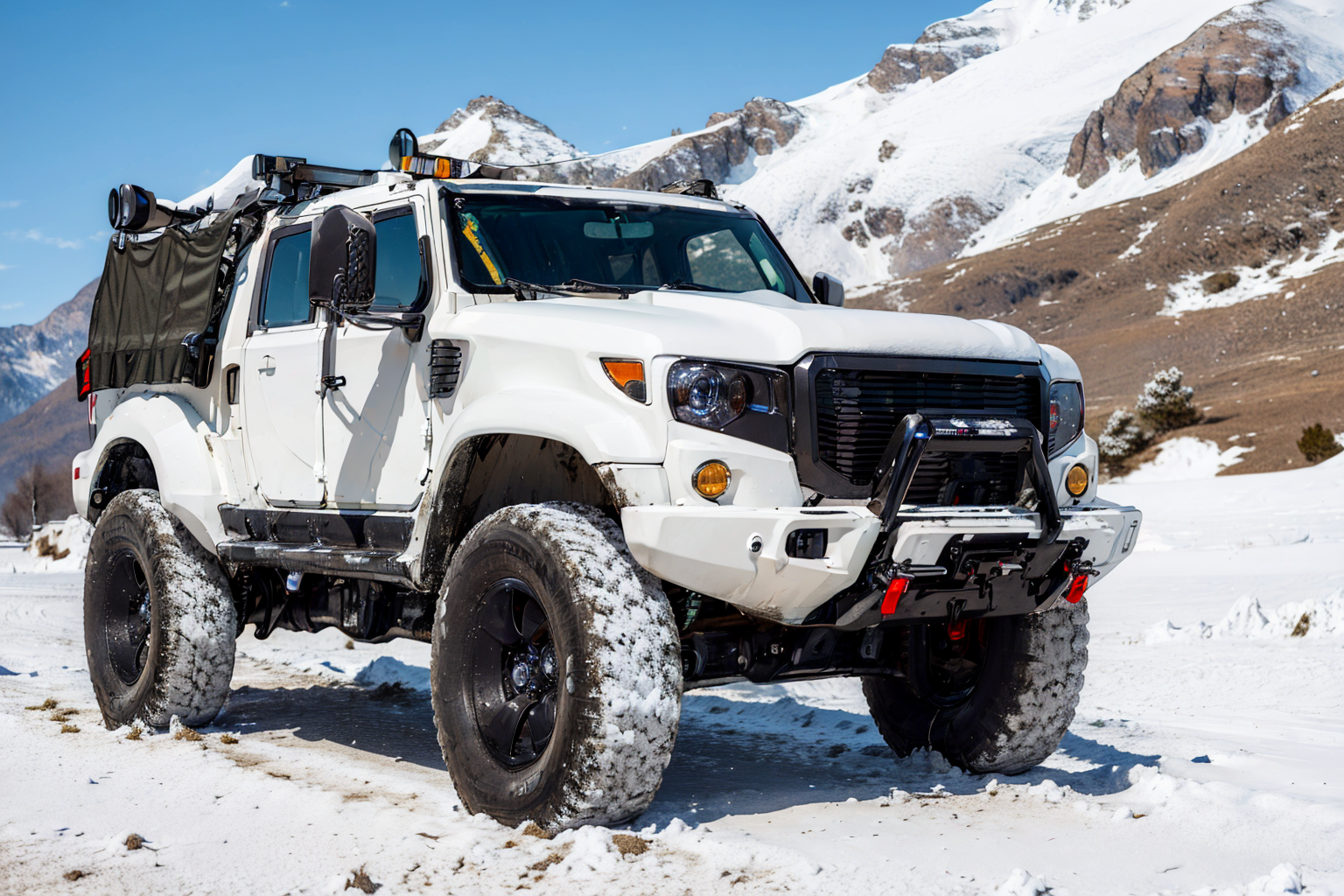 (masterpiece, best quality:1.2), ultra-detailed, woman in sexy snow army uniform leaning over on suv ArmyCar on frozen mountains, (realistic:1.5), <lora:Valencia_v1.1:0.6>  <lora:EdobArmyCars_v1.0:0.6>