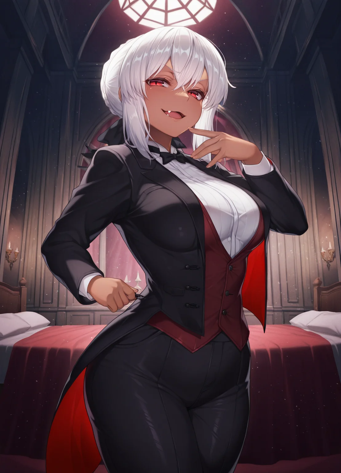 masterpiece, best quality, amazing quality, very aesthetic, absurdres, newest, scenery,extreme detail, 8k, light particles, soft lighting, volumetric lighting, intricate details, finely detailed, detailed eyes, 1girl, solo, vampire, white hair, dark-skin, dark skinned female, (tailcoat,tuxedo,frock coat:1.2), thighhighs, looking at viewer, standing, red eyes, mansion,bedroom, trousers,shirt,vest, smug, smirk, shiny skin, (medium breasts:1.3), thick, fang, half-open mouth,
<lora:hirasawa_zen_syle:1>