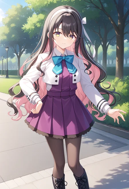 1girl, solo, park, <lora:KC_01DD_naganami_pony-000016:1> naganami2kc, multicolored hair, black hair, pink hair, colored inner hair, white headband, wavy hair, very long hair, bangs, hair between eyes, purple eyes, yellow eyes, gradient eyes, naganamikaikc, white jacket, crop jacket, open jacket, purple dress, halterneck, blue bowtie, purple skirt, pleated dress, grey pantyhose, boots,, score_9,score_8_up, score_7_up, source_anime, masterpiece, best quality, official art, official style, game cg, megami magazine, rating_safe, rating_questionable, <lora:Fixhands_anime_bdsqlsz_V1:0.75>, NEGATIVE_HANDS