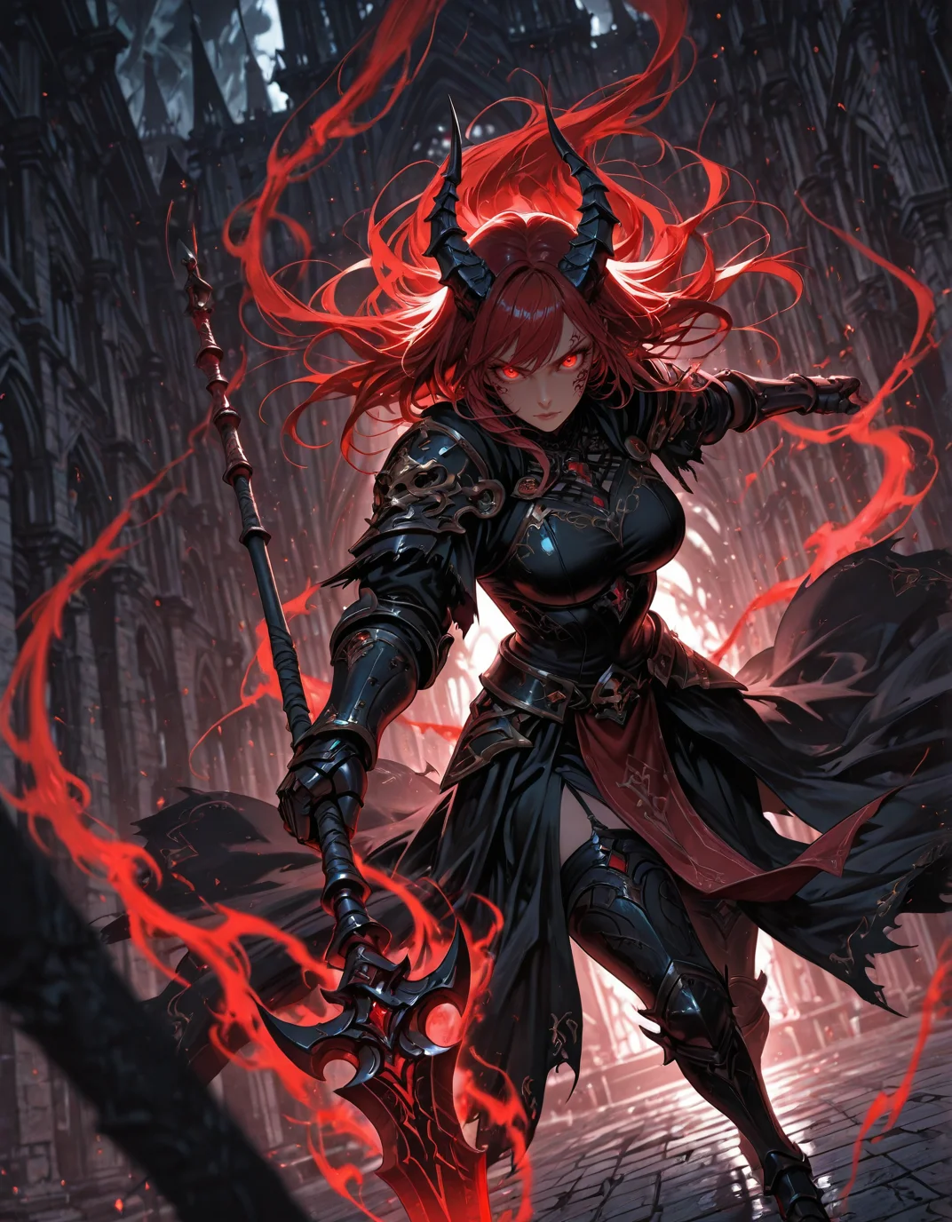 masterpiece, best quality,high quality, newest, highres,8K,HDR,absurdres, 1girl, long hair, horns, weapon, tattered robe, glowing eyes, dark fantasy, holding spear, floating, intricate tattoos, ethereal aura, red and black color scheme, armored gauntlets, golden ornaments, looking at viewer, battle stance, supernatural energy, shadowy background, gothic architecture, dynamic pose, dramatic lighting, detailed background, depth of field, dynamic composition, foreshortening, detailed background, dynamic pose, dynamic composition,dutch angle, detailed backgroud,foreshortening,blurry edges <lora:iLLMythAn1m3Style:1> MythAn1m3