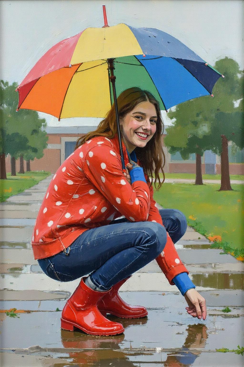 euanuglow1 painting. 
A young woman, angled from slightly above and to the right, crouching low to the ground in a puddle. The young woman is wearing bright red rubber boots and a red jacket with white polka dots. The jacket sleeves are pushed up to reveal blue cuffs. The young woman also wears dark blue jeans and has a smile on her face as she extends her right index finger to touch the water in the puddle. Above the young woman is a large, open umbrella with rainbow-colored panels and a red handle. The ground is wet and paved with grey stones, reflecting the sky and umbrella. The background is slightly blurred, showing hints of green grass and trees. The lighting is overcast and diffused, typical of a rainy day. <lora:euanuglow1_cap_d6aee11:1.0><lora:845539448658660669:0>