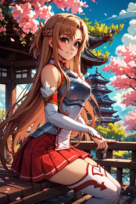 score_9, score_8_up, score_8, medium breasts, (curvy), cute, eyelashes, BREAK, , zzAsuna, asuna (sao), long hair, brown hair, brown eyes, braid, very long hair, thighhighs, bare shoulders, detached sleeves, armor, white thighhighs, breastplate, red skirt, <lora:Asuna_SAO_PDXL_v3:0.8>,, BREAK, sitting on bench, side view, smile, looking at viewer, cowboy shot, BREAK, pnkBldng, sky, day, cloud, tree, blue sky, building, architecture, east asian architecture, BREAK, embedding:zPDXL, Expressiveh, <lora:PinkBuildingsPDXL_v2:0.6>, <lora:SDXLFaeTastic2400:0.5>, <lora:Expressive_H-000001:0.4>