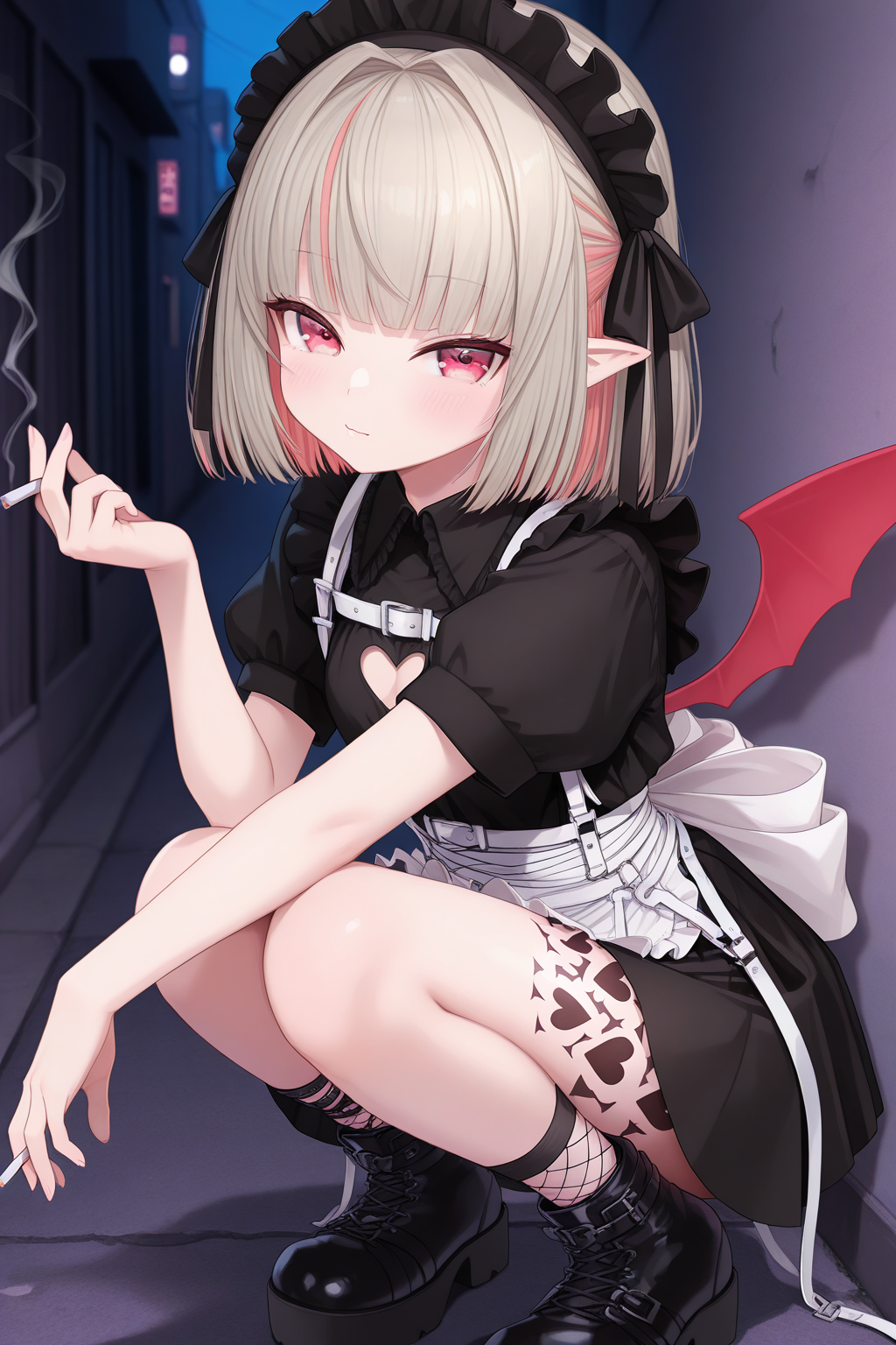 1girl,
MakaiNoRirimuNijisanji, MakaiNoRirimu5thCostume,
general, solo, half body,
grey hair, short hair, eyelashes,
maid headdress, black headwear,
black shirt, chest harness, heart cutout, 
waist apron,
thigh strap, leg tattoo, fishnet socks, platform boots,
looking at viewer, squatting, holding cigarette, cigarette candy,
night, alley,
depth of field,
<lora:kp_MakaiNoRirimuNijisanjiIllustrious_v1_0:1.0>,
masterpiece, best quality, amazing quality