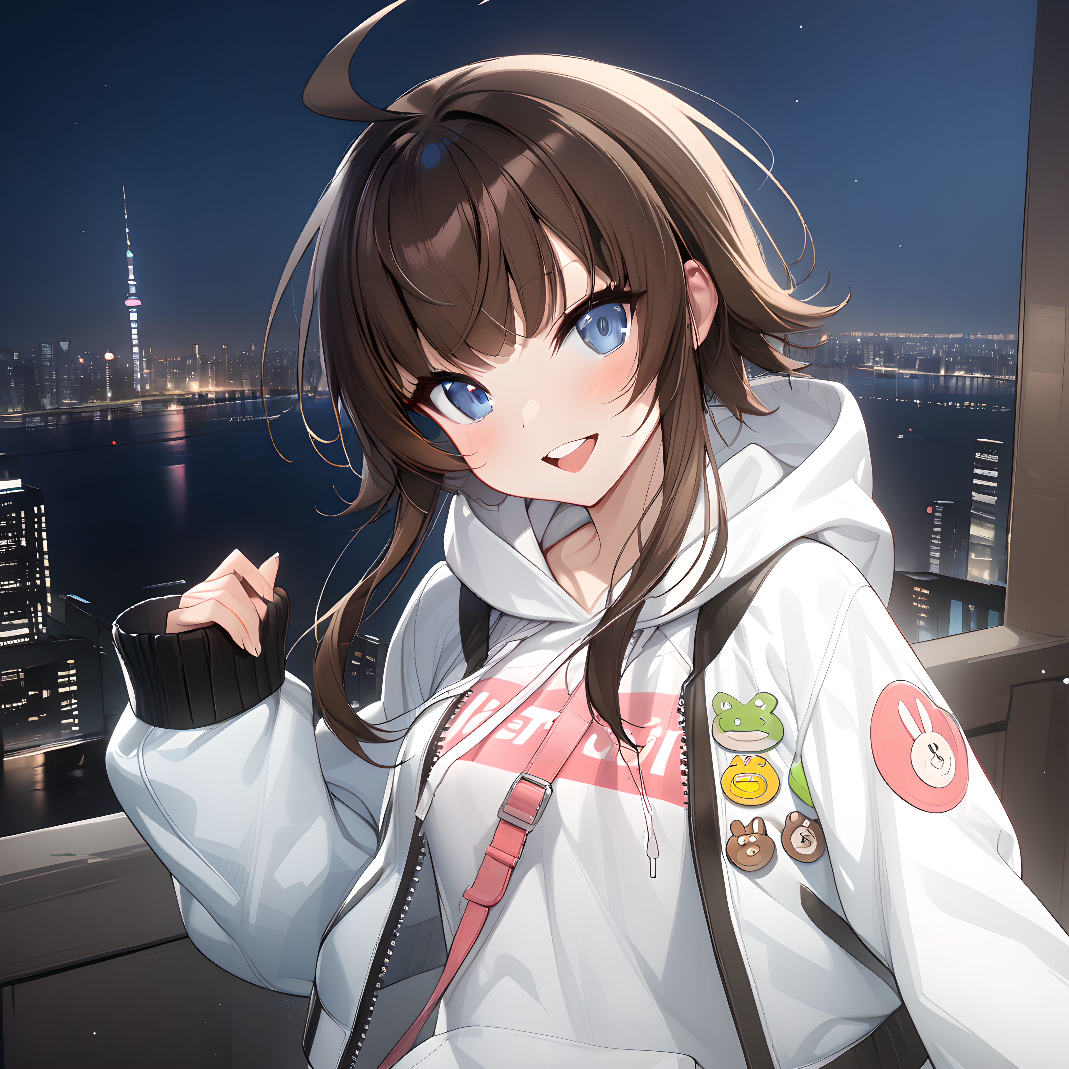(masterpiece),(best quality),(ultra-detailed),(best illustration),(best shadow),(absurdres),(detailed background),(very aesthetic), yang harim, hood, solo, 1girl, hood down, blue eyes, ahoge, brown hair, white jacket, sleeves past wrists, jacket, white hoodie, long sleeves, upper teeth only, open mouth, night city background, defaultoutfit, seductive smile, looking at viewer, close-up, <lora:Yang_Harim:1>