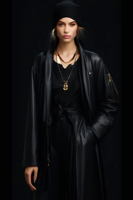 masterpiece,best quality,ultra_detailed, bellissima , dark background, 1girl wearing a white collared shirt, black pants, beanie, black coat, chain necklace,  Armani style, hand on hip, realistic, fashion, cowboy shot, by annie leibovitz