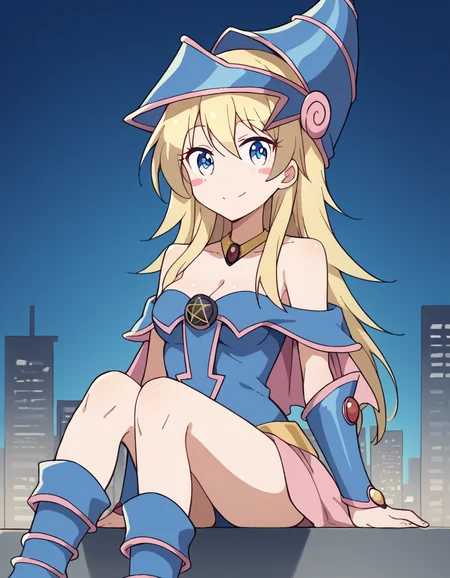 score_9, score_8_up, score_7_up, source_anime, <lora:kou-yagami-s2-ponyxl-lora-nochekaiser:1>, kou yagami, long hair, blue eyes, blonde hair, medium breasts,, <lora:dark-magician-girl-cosplay-ponyxl-lora-nochekaiser:1>, dark magician girl cosplay, dark magician girl (cosplay), bare shoulders, blue footwear, blush, blush stickers, cleavage, collarbone, duel monster, hat, off shoulder, pentacle, wizard hat,, outdoors, cityscape, sitting, smile, blush, cowboy shot, looking at viewer, , dutch angle, cowboy shot