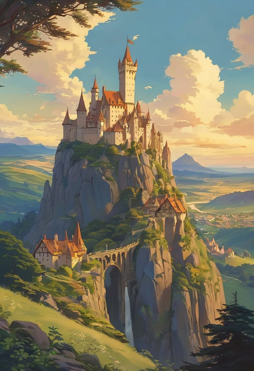 (studio ghibli drawing), (studio ghibli painting),best quality, masterpiece, extremely detailed, professional art, professional painting, an extremely delicate and beautiful, dynamic, great lighting, perfect shading, professional shading, depth of field, side soft light, elegant, gorgeous, highly detailed, full shot, uncropped, pure genius, absolutely perfect, highly detailed, breathtaking, a giant and sheer cliff face featuring a waterfall with an epic Germanic walled castle built on top of the cliff, a walled city with many buildings lays in the fields below, fantasy, sunset