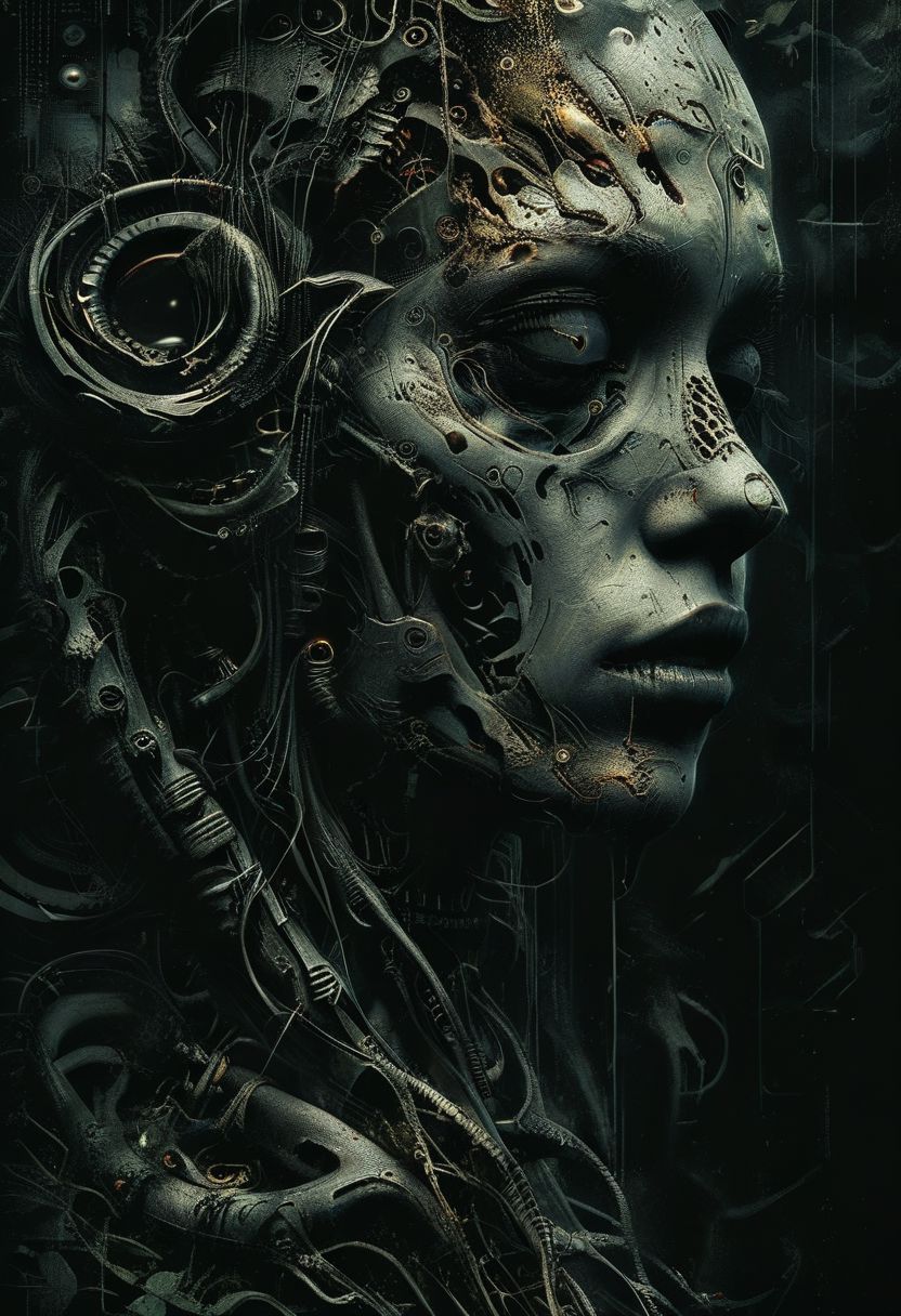 Kelemvor the Lord of the Dead, God of Death, Judge of the Damned, cyborg, robot, scify, deus ex machine, skeletons the background,
ecstasy of insects and decayed leaves, snakes and worms, tormented pain spiraling into an endless abyss, aura of necromancy, 
scary,  beauty, horror, the most beautiful form of chaos, elegant, a brutalist designed, mysterious atmospheric, 
full body, highly detailed face, 
art by Carne Griffiths and Wadim Kashin,
best quality, masterpiece, photo realistic, highly detailed, approaching perfection, dynamic, cinematic