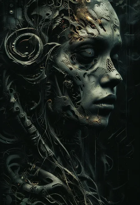 Kelemvor the Lord of the Dead, God of Death, Judge of the Damned, cyborg, robot, scify, deus ex machine, skeletons the background,
ecstasy of insects and decayed leaves, snakes and worms, tormented pain spiraling into an endless abyss, aura of necromancy, 
scary,  beauty, horror, the most beautiful form of chaos, elegant, a brutalist designed, mysterious atmospheric, 
full body, highly detailed face, 
art by Carne Griffiths and Wadim Kashin,
best quality, masterpiece, photo realistic, highly detailed, approaching perfection, dynamic, cinematic