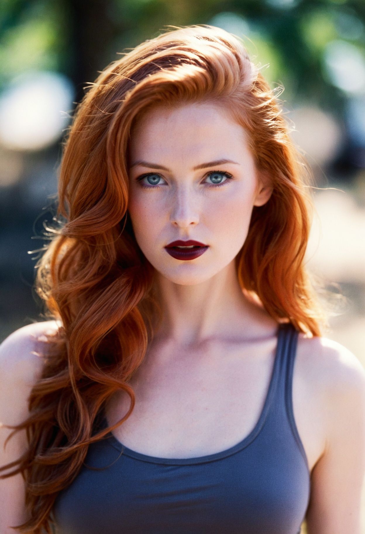 ((analog)) photo ginger woman outdoors, (provocative expression), glossy dark lipstick, blue eyes, tank top, soft focus, depth of field, ((looking at viewer, film grain, masterpiece)) <lora:EuroBabe-v4-XL:0.6>