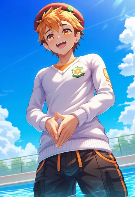 masterpiece, best quality, , (3d:0.4), , , 1boy, solo, male focus, <lora:hiro_akiba_ilxl:0.92>, hiro_akiba, orange hair, orange eyes, short hair, hairclip, , from below, pool, day, clouds, own hands together, giggling, Joggers, Chartreuse Crew neck sweater, , Beret, and