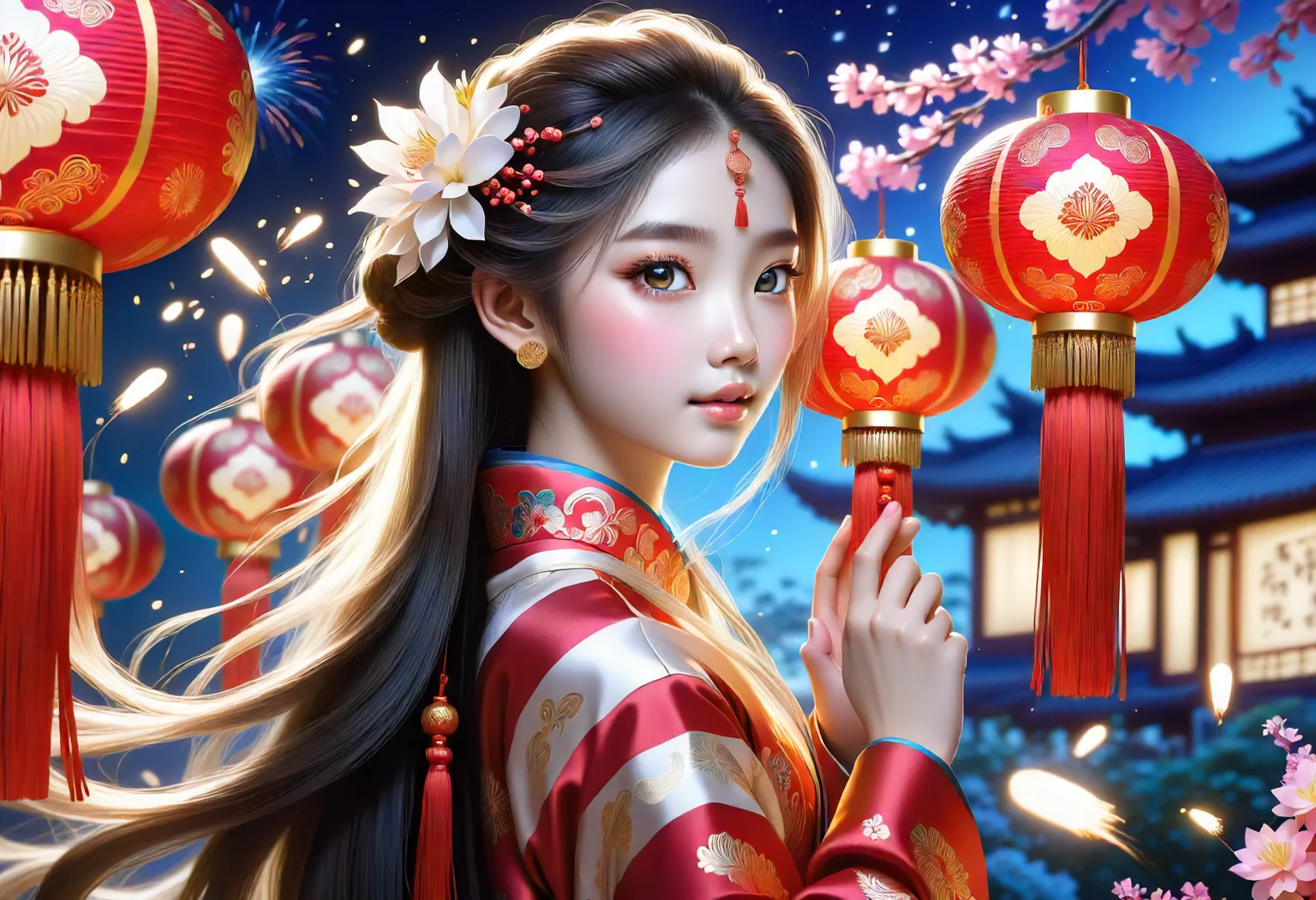 woman, lunar newyear, New Year prints, Joyous, Red envelopes, Given as gifts, filled with money for luck and prosperity, Firework displays and firecrackers to ward off evil spirits and welcome the new year, Home interiors, Warmly decorated with red envelopes, lanterns, and spring couplets, ready for family gatherings, Praying at temples, Sparklers, Hand-held fireworks that sparkle, adding a personal touch to celebrations <lora:SDXL\DetailedEyes_V3><lora:ClearHand-V2>,<lora:released\DonM3t3rn1tyXL-v1.1-000008><lora:myLora\DonMM1y4XL-v1.1-000008:0.8>