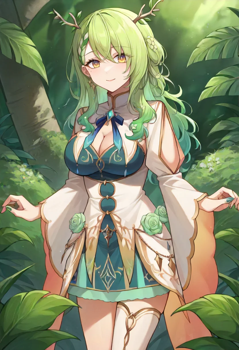 score_9, score_6_up, source_anime, 1girl, solo, jungle, leaves, fauna_newyears, fauna_base, long hair, antlers, braided bangs, two-tone dress, jewelry, white thighhighs, single thighhigh, green nails, mole under eye, light smile, milf, green rose <lora:ceres_fauna_sdxl_pony:1>